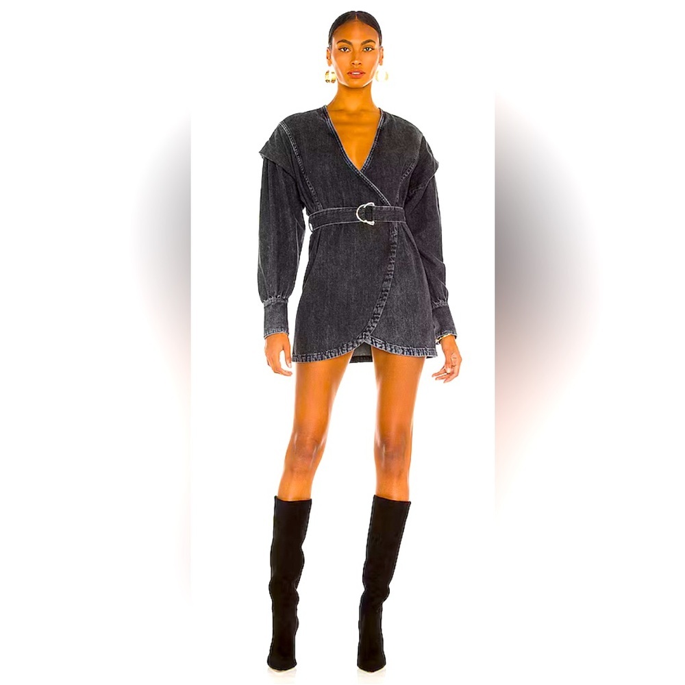 NWT IRO Gerlin Denim Dress Black 32(0) Revolve long puff sleeve belted mini